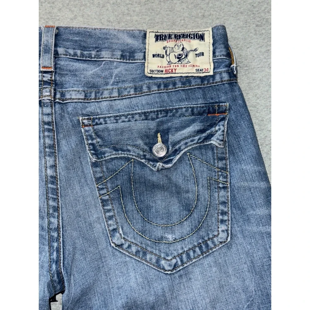 True Religion Jeans Men's Ricky Blue Denim Straight Leg Distressed Size 38